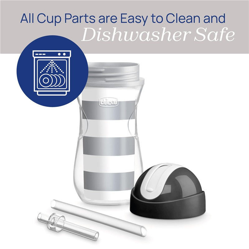 Chicco Insulated Straw Sippy Cup with spill-free flip-top lid, includes clear cup with gray stripes, straw, and cleaning components.