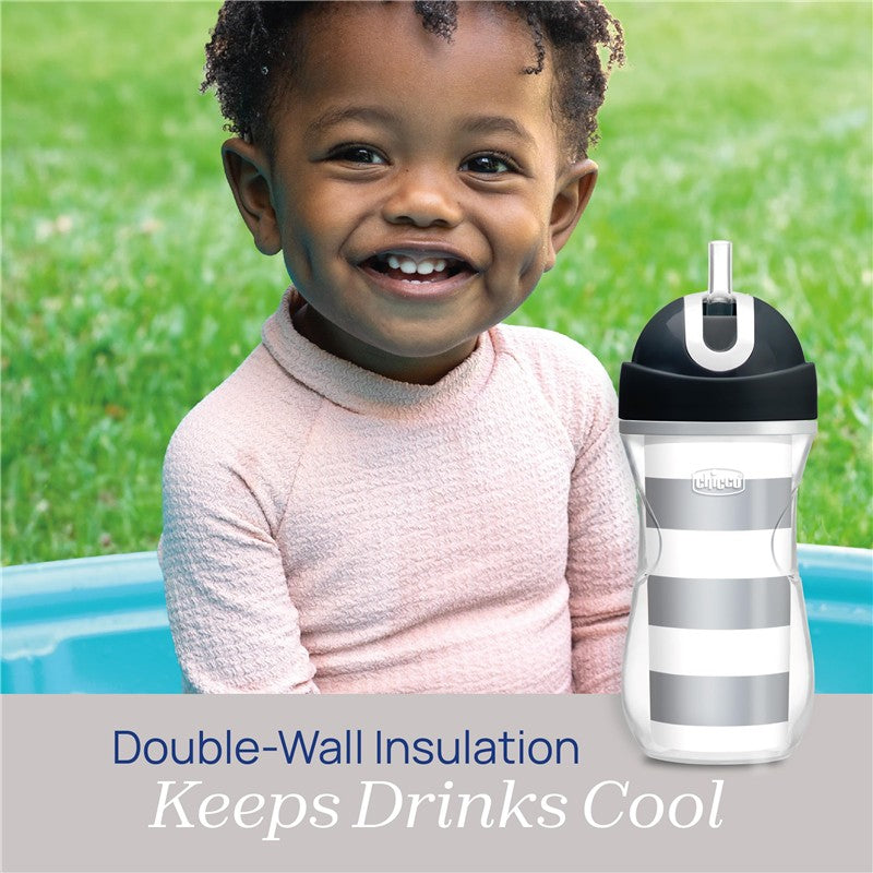 Toddler smiling beside a Chicco insulated straw sippy cup with a spill-free lid, emphasizing double-wall insulation.