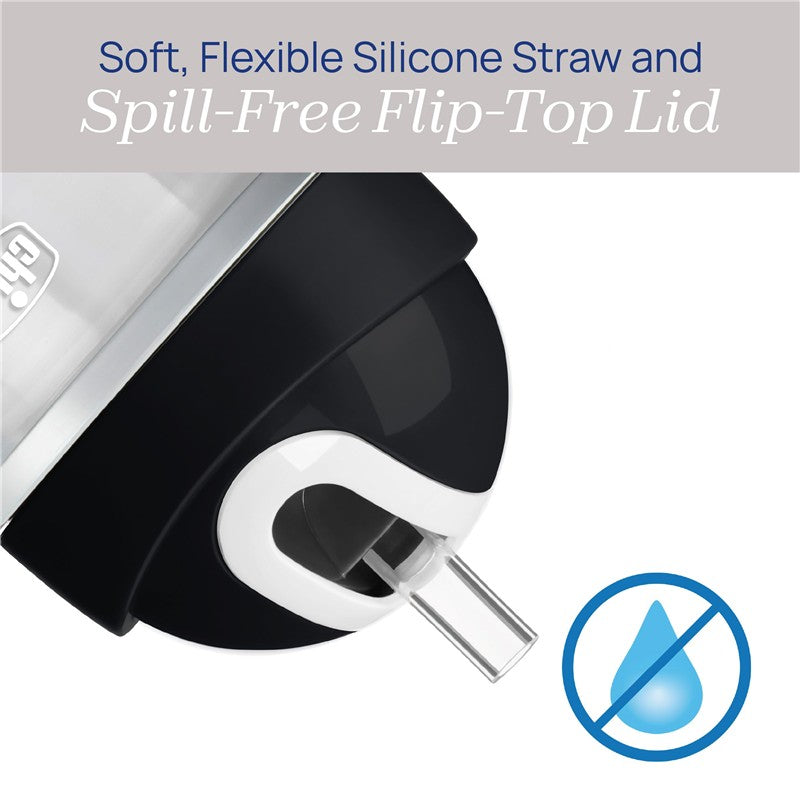Chicco Insulated Straw Sippy Cup with a spill-free flip-top lid, featuring a soft silicone straw, in a black and white design.