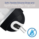 Chicco Insulated Straw Sippy Cup with a spill-free flip-top lid, featuring a soft silicone straw, in a black and white design.