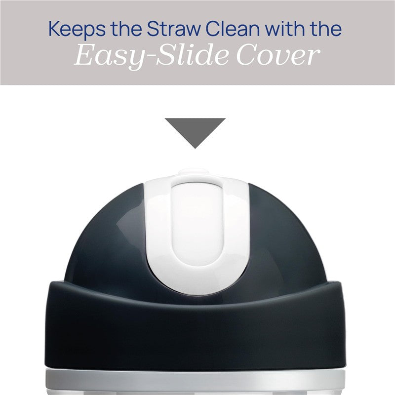 Keeps the straw clean with the Easy-Slide Cover; features a dark top and white accents.