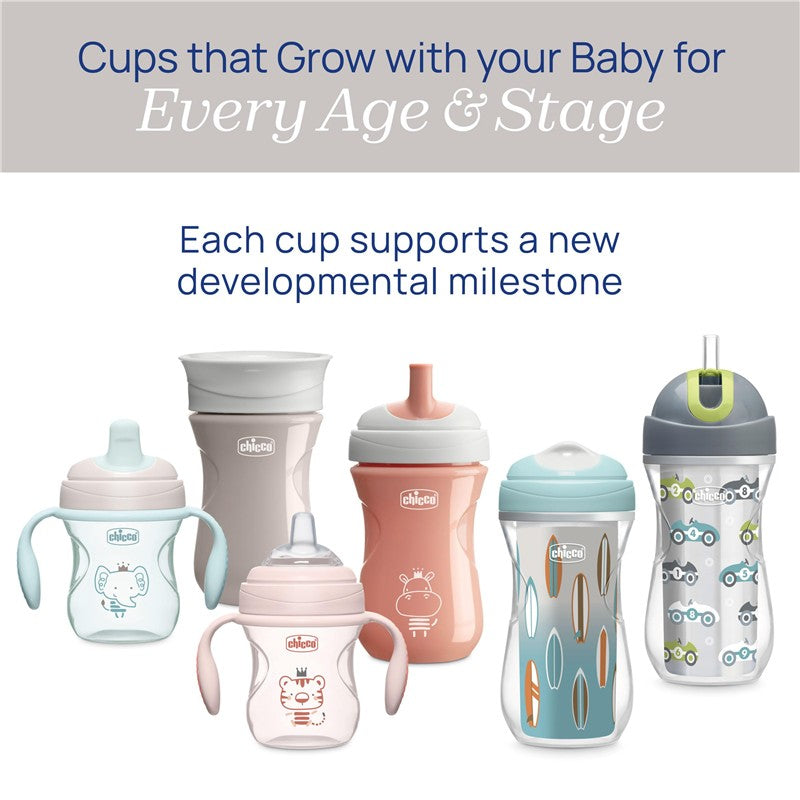 Chicco sippy cups for toddlers in various styles and colors, featuring handles and a spill-free design, promoting developmental milestones.