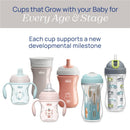 Chicco sippy cups for toddlers in various styles and colors, featuring handles and a spill-free design, promoting developmental milestones.