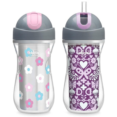 Chicco Insulated Straw Sippy Cups in floral and purple designs, featuring a spill-free flip-top lid and BPA-free material, 9oz.