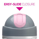 Spill-free flip-top lid with easy-slide closure on a toddler sippy cup in gray and pink color.