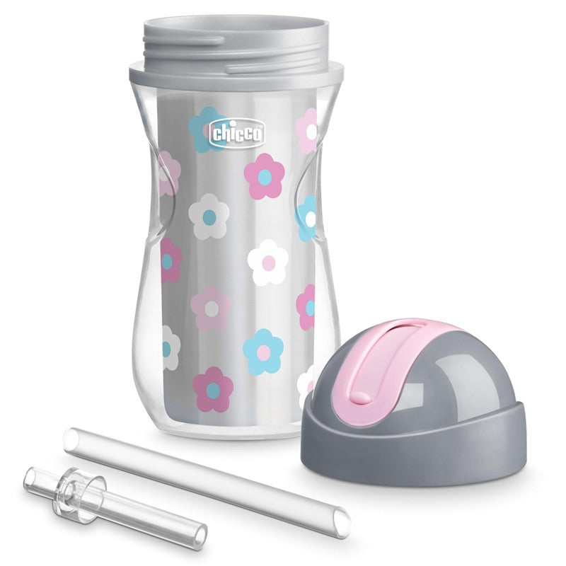 Chicco Insulated Straw Sippy Cup, 9oz, with floral print in pink and blue, includes straw and spill-free flip-top lid.