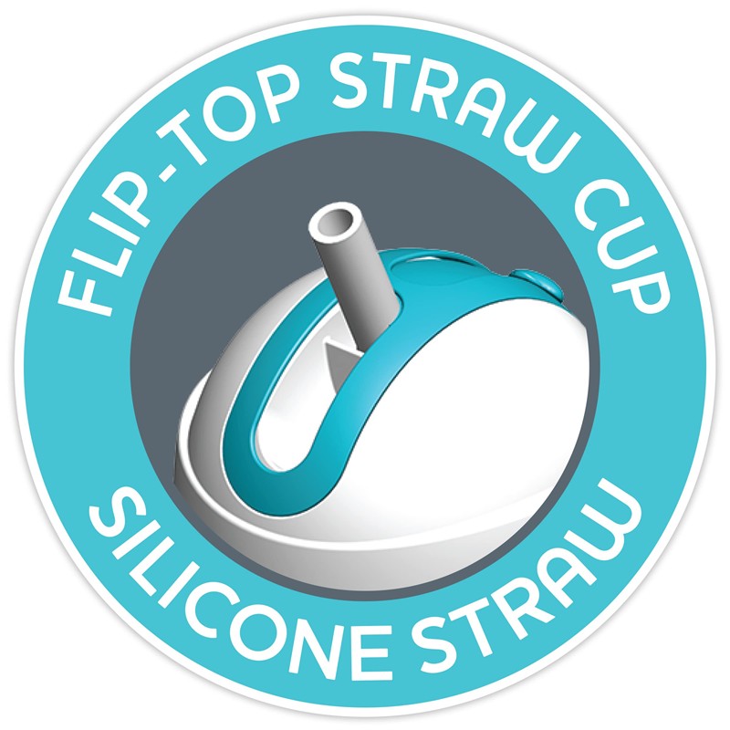 Flip-top sippy cup design featuring a silicone straw, ideal for toddlers 12 months and older.