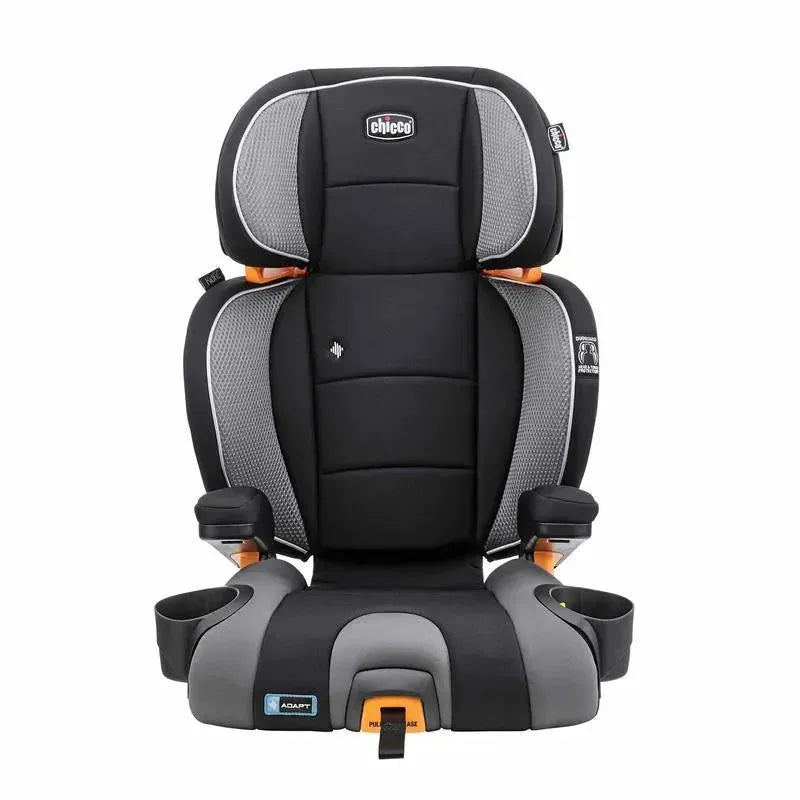 Chicco KidFit Adapt Plus 2-in-1 Belt Positioning Booster Car Seat in Ember color, featuring a sleek black and gray design with adjustable headrest and cup holders.