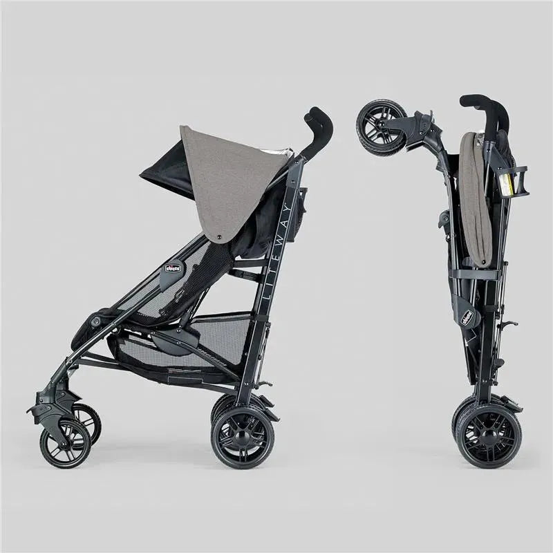 Chicco Liteway Stroller in Dune color, featuring a lightweight frame, adjustable canopy, and foldable design.