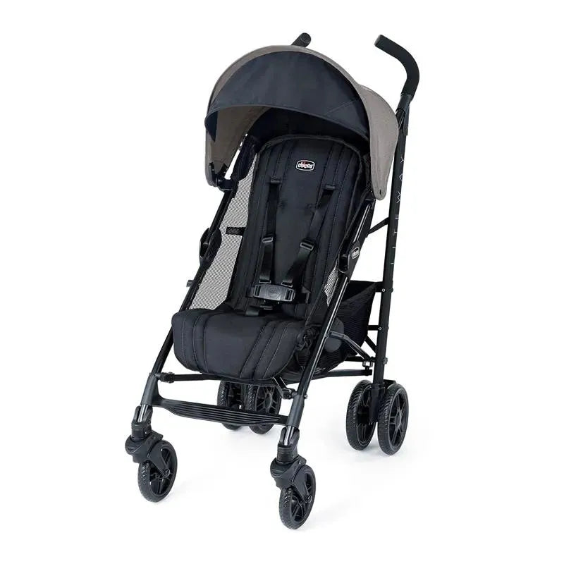 Chicco Liteway Stroller in Dune, featuring a black seat with safety harness, a gray canopy, and a lightweight frame.