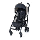 Chicco Liteway Stroller in Dune, featuring a black seat with safety harness, a gray canopy, and a lightweight frame.