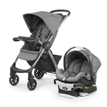 Chicco Mini Bravo Plus Travel System in Slate, featuring a grey stroller with a canopy and a removable infant car seat.