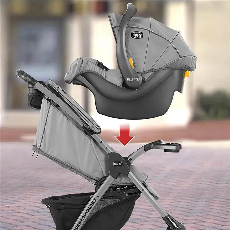 Chicco Mini Bravo Plus Travel System featuring KeyFit 30 infant car seat attached to stroller, showcasing its sleek slate design.