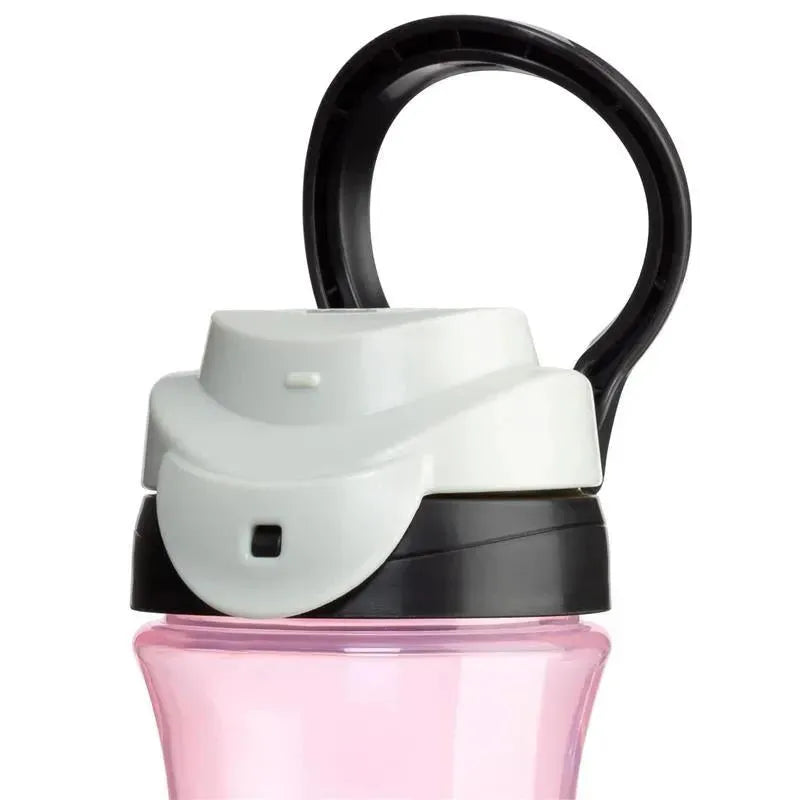 Chicco My Tumbler Open Rim Water Bottle in pink, featuring a free-flow spout and a black handle, suitable for children 2+.