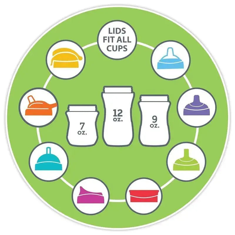 Chicco My Tumbler water bottle features 12 oz capacity with interchangeable lids, suitable for all cup sizes.