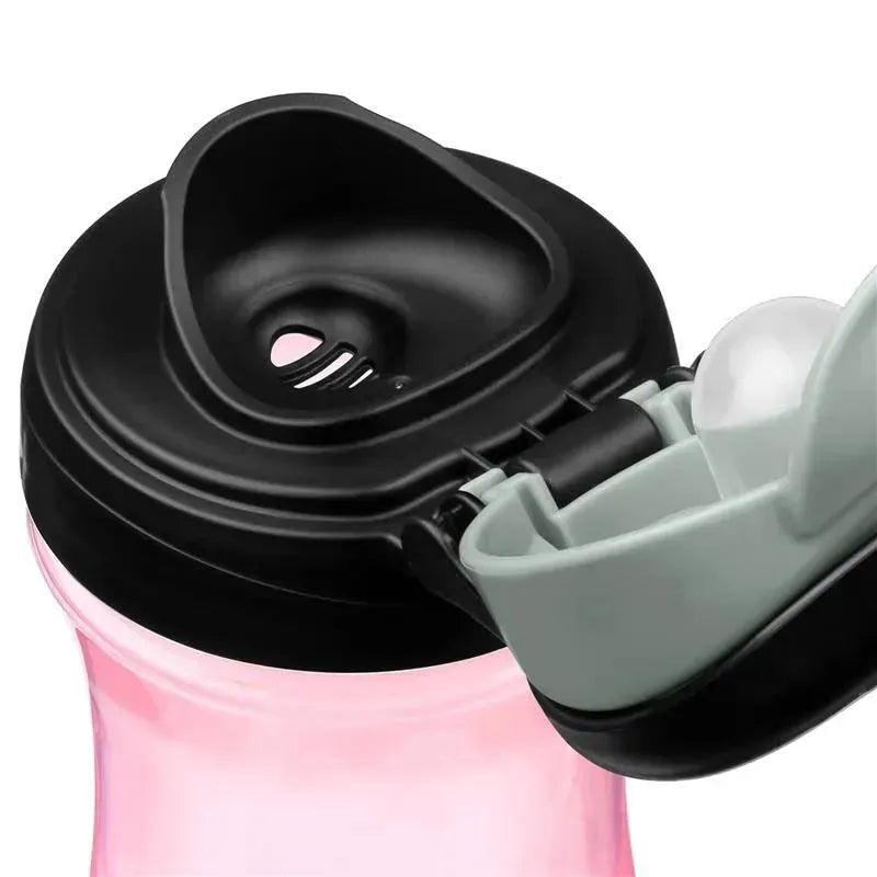 Chicco My Tumbler water bottle features a pink body, black lid, and a free-flow spout designed for children aged 2+.