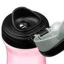 Chicco My Tumbler water bottle features a pink body, black lid, and a free-flow spout designed for children aged 2+.