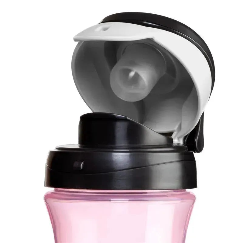 Chicco My Tumbler open rim water bottle in pink, featuring a free-flow spout and black accents, designed for children 2+.