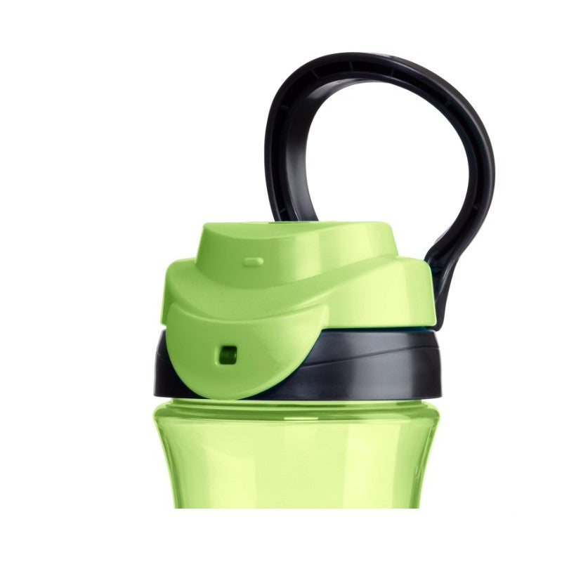 Chicco My Tumbler Rim Spout 12Oz. for ages 2+, featuring a green spout cap and black handle.