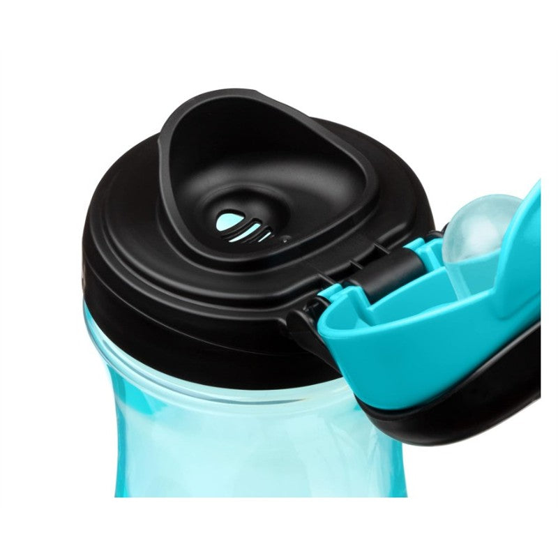 Chicco My Tumbler with teal spout, featuring a black lid and a rim spout design suitable for children 2 years and older.