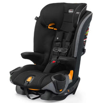Chicco Myfit Cleartex Harness + Booster Car Seat in Obsidian, featuring a black fabric design and orange accents.