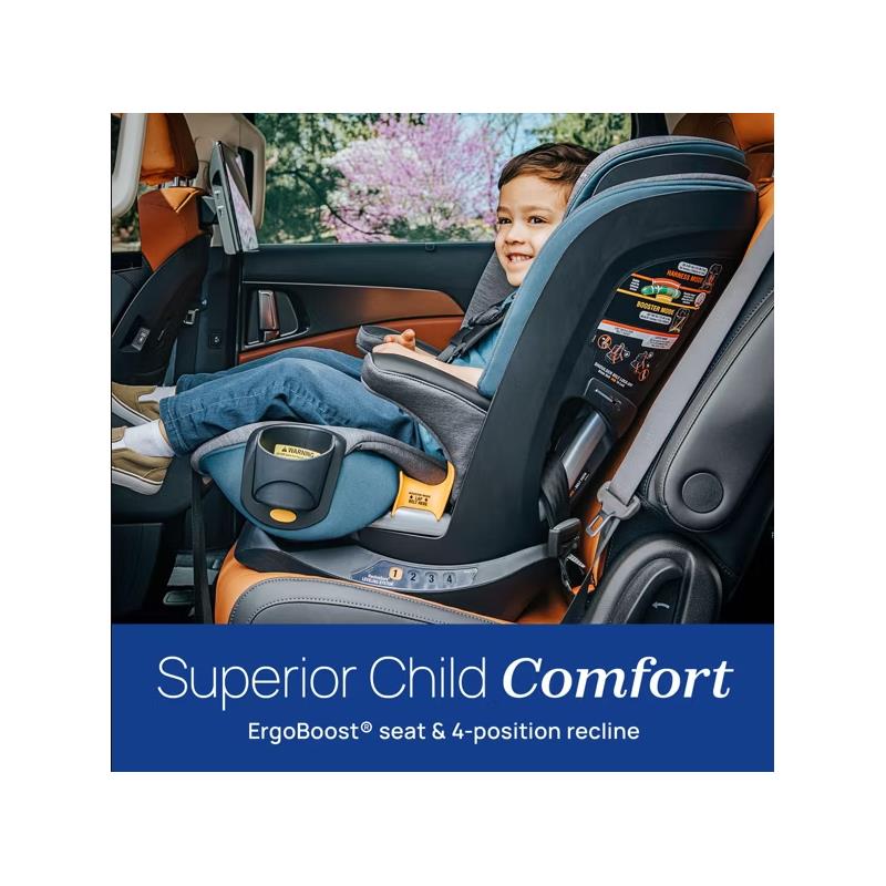 Chicco Myfit Cleartex Harness + Booster Car Seat in Obsidian with child seated, featuring ErgoBoost seat and 4-position recline.