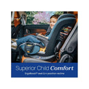 Chicco Myfit Cleartex Harness + Booster Car Seat in Obsidian with child seated, featuring ErgoBoost seat and 4-position recline.