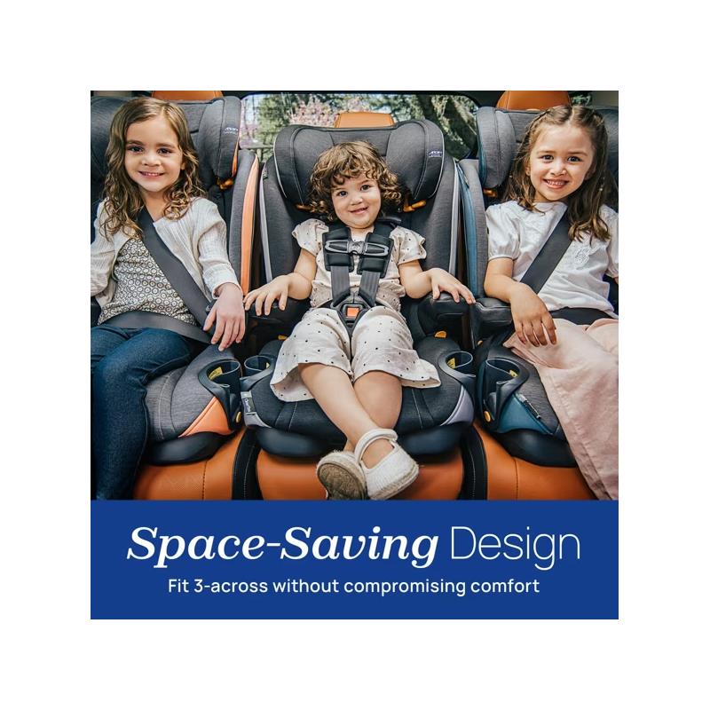 Chicco Myfit Cleartex Harness + Booster Car Seat in Obsidian; three children seated, promoting space-saving design for comfort.