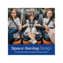Chicco Myfit Cleartex Harness + Booster Car Seat in Obsidian; three children seated, promoting space-saving design for comfort.