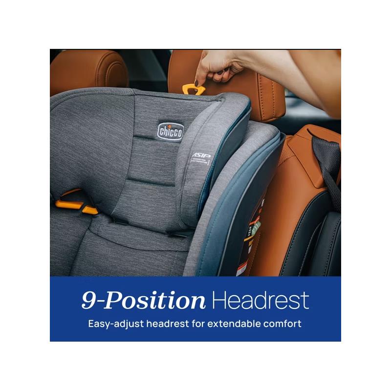 Chicco Myfit Cleartex Harness + Booster Car Seat features a gray seat with a 9-position headrest for adjustable comfort.