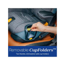 Chicco Myfit Cleartex Harness + Booster Car Seat featuring removable, dishwasher-safe cup holders with a hand demonstrating usage.