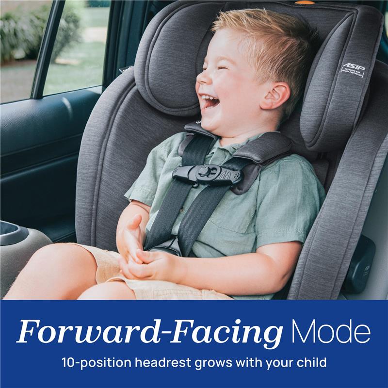 Chicco OneFit LX ClearTex All-in-One Car Seat in forward-facing mode, featuring a smiling child with a 10-position adjustable headrest.