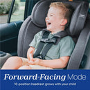 Chicco OneFit LX ClearTex All-in-One Car Seat in forward-facing mode, featuring a smiling child with a 10-position adjustable headrest.