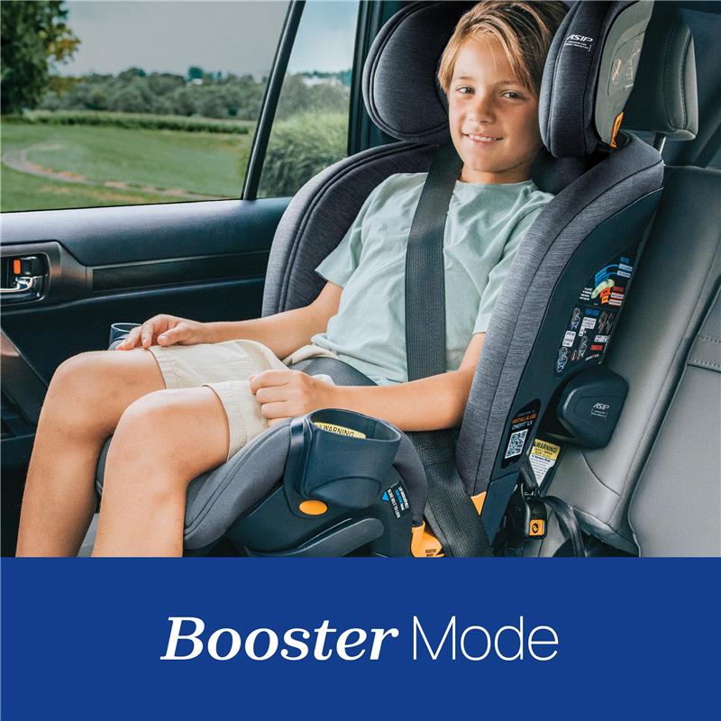 Chicco OneFit LX ClearTex All-in-One Car Seat shown in booster mode, featuring a child securely strapped in with safety belt.