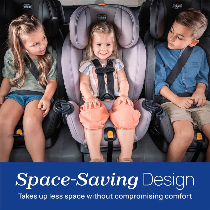 Chicco OneFit LX ClearTex All-in-One Car Seat in smoke/grey, showcasing children seated comfortably, with a focus on the space-saving design.