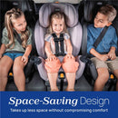 Chicco OneFit LX ClearTex All-in-One Car Seat in smoke/grey, showcasing children seated comfortably, with a focus on the space-saving design.
