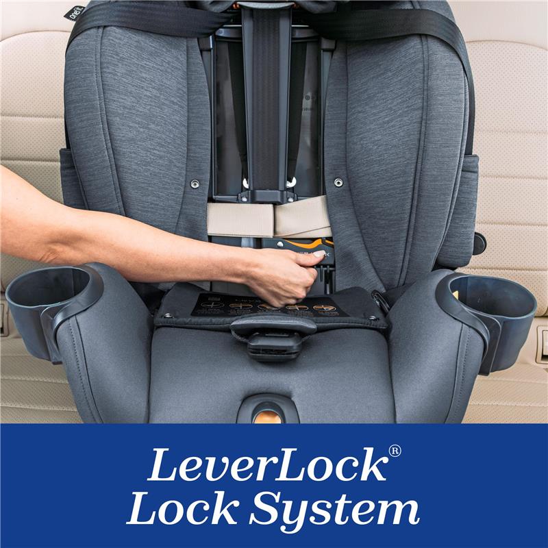 Chicco OneFit LX ClearTex All-in-One Car Seat with LeverLock installation system, showing a hand securing the seat.