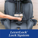 Chicco OneFit LX ClearTex All-in-One Car Seat with LeverLock installation system, showing a hand securing the seat.