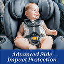 Chicco OneFit LX ClearTex All-in-One Car Seat with a smiling baby securely harnessed, showcasing advanced side impact protection.