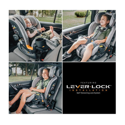 Chicco Onefit Max Cleartex All-In-One Car Seat in a vehicle, with children safely seated, showcasing its safety features and lever-lock installation system.