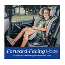 Chicco Onefit Max Cleartex All-In-One Car Seat in forward-facing mode with a smiling child, showcasing a 10-position headrest.