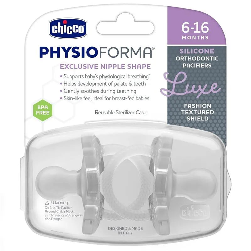 Chicco Physioforma Luxe Pacifier for 6-16 months, BPA-free, features an exclusive nipple shape and reusable sterilizer case.