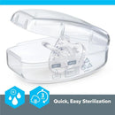 Chicco Physioforma Luxe Pacifier sterilizer, gray, featuring a transparent case and buttons for 3-minute cycles.