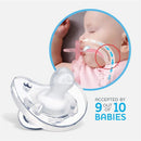 Chicco Physioforma Luxe pacifier for babies 6-16 months, grey, with an infographic showing baby acceptance rates.