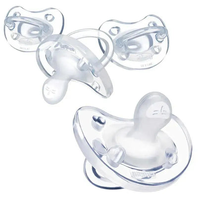 Clear 4-pack of Chicco PhysioForma® orthodontic pacifiers for infants, designed for ages 0-6 months, featuring silicone construction.