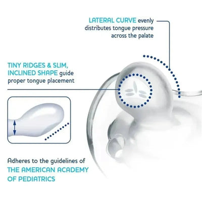 Chicco PhysioForma® orthodontic silicone pacifier features a lateral curve and tiny ridges for proper tongue placement.