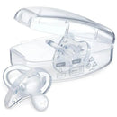 Chicco PhysioForma orthodontic silicone pacifiers in clear, presented in a transparent case with cleaning instructions.