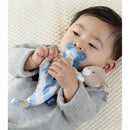Toddler with a blue pacifier cuddles a plush toy while holding a soft, blue and white striped cloth.