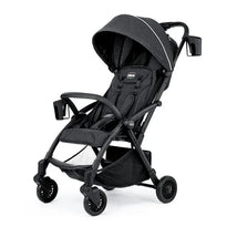 Chicco Presto Self-Folding Compact Stroller in graphite color, featuring a canopy, adjustable harness, and storage basket.