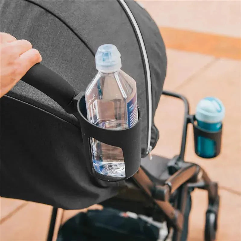 Chicco Presto stroller featuring a cup holder with a water bottle and another holder for a beverage, with a graphite fabric canopy.